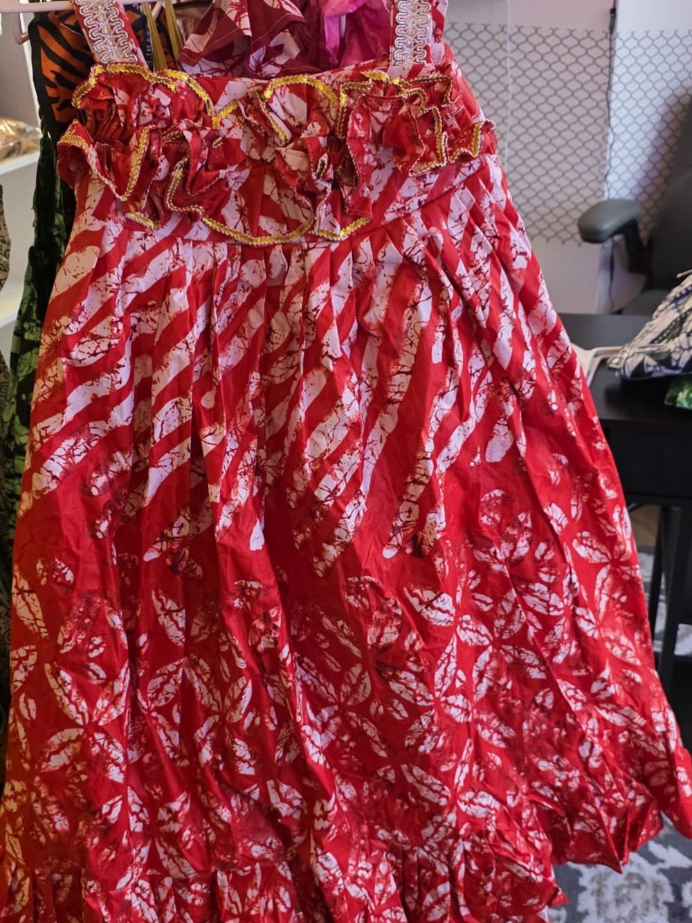 Red and White Tie-Dye Maxi Dress with Ruffle Detail